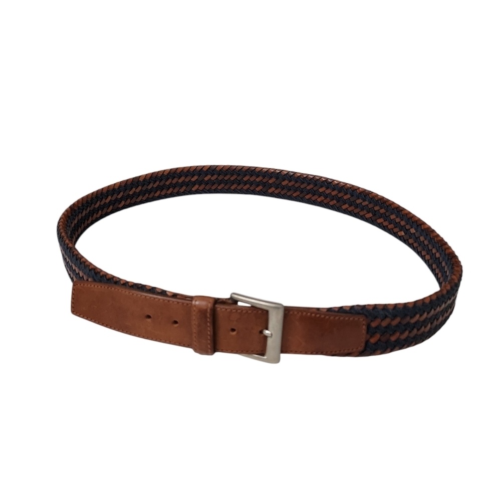Longhi Belt Mens 40 Brown Blue Braided Woven Stretch Made‎ In Italy Solid Brass